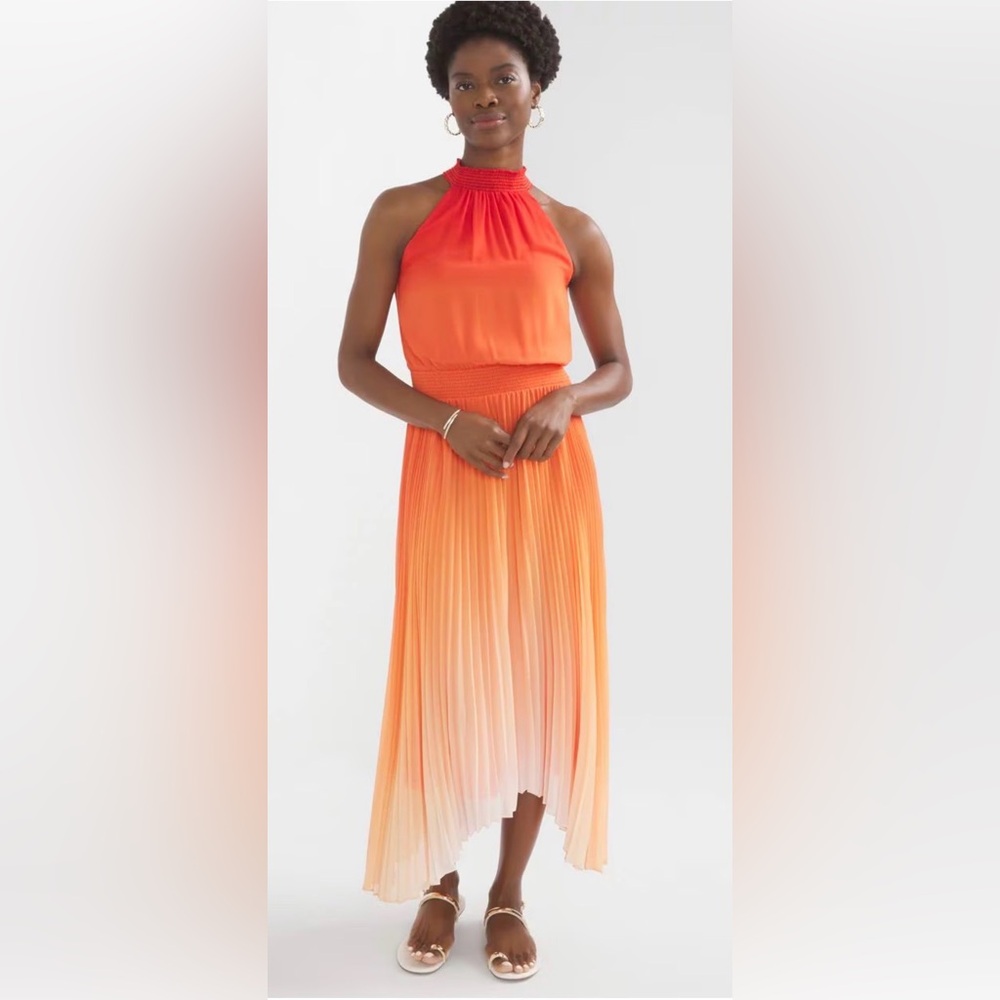 NWT White House Black Market Orange Ombre Pleated Halter Midi Dress